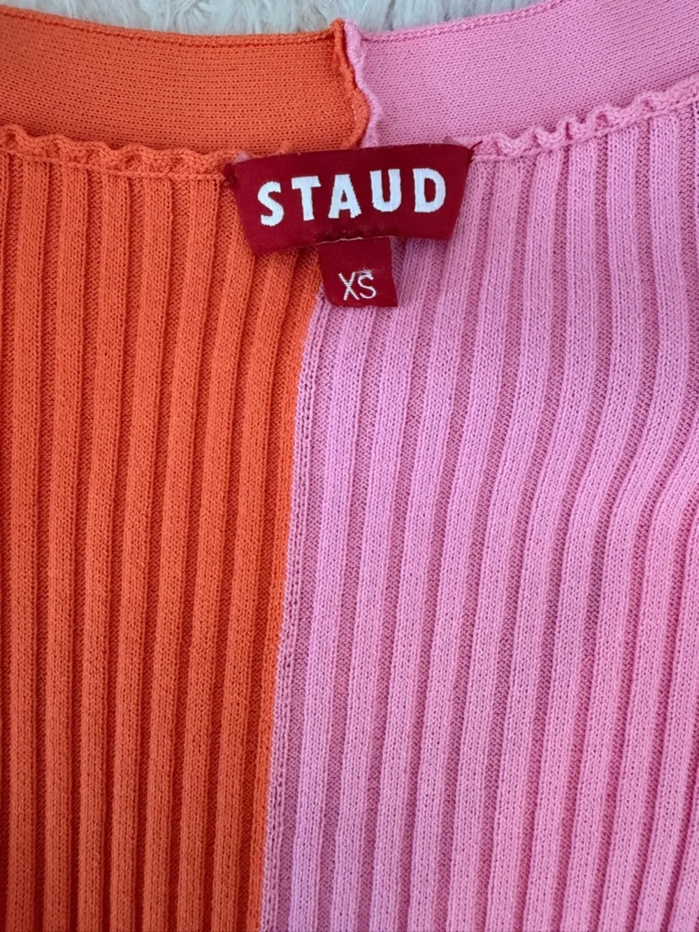 STAUD Two-Tone Ribbed Button-Front Midi Dress in Orange and Pink - Picture 4 of 5